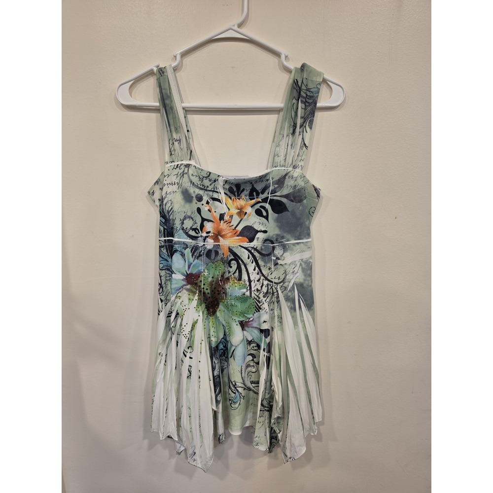 Reina Made USA Y2K Floral Handkerchief Hem Top SM Boho Fairycore Rhinestone